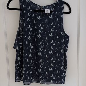 CAbi Chirp Top Sleeveless Blouse #3447 Medium M Blue Bird Print Chiffon Zip Back